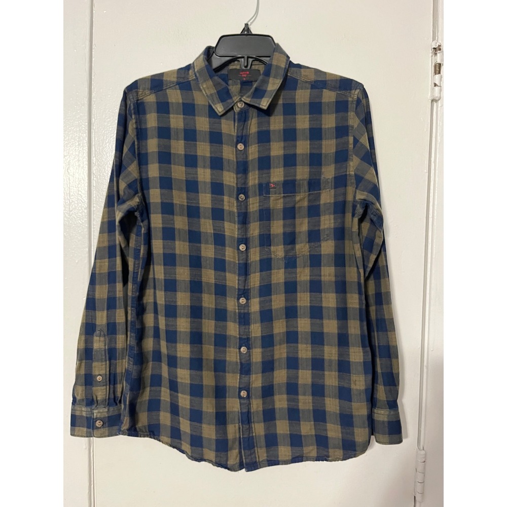 Spykar Actif Mens Medium Blue Olive Green Check Plaid Button Down Shirt Cotton